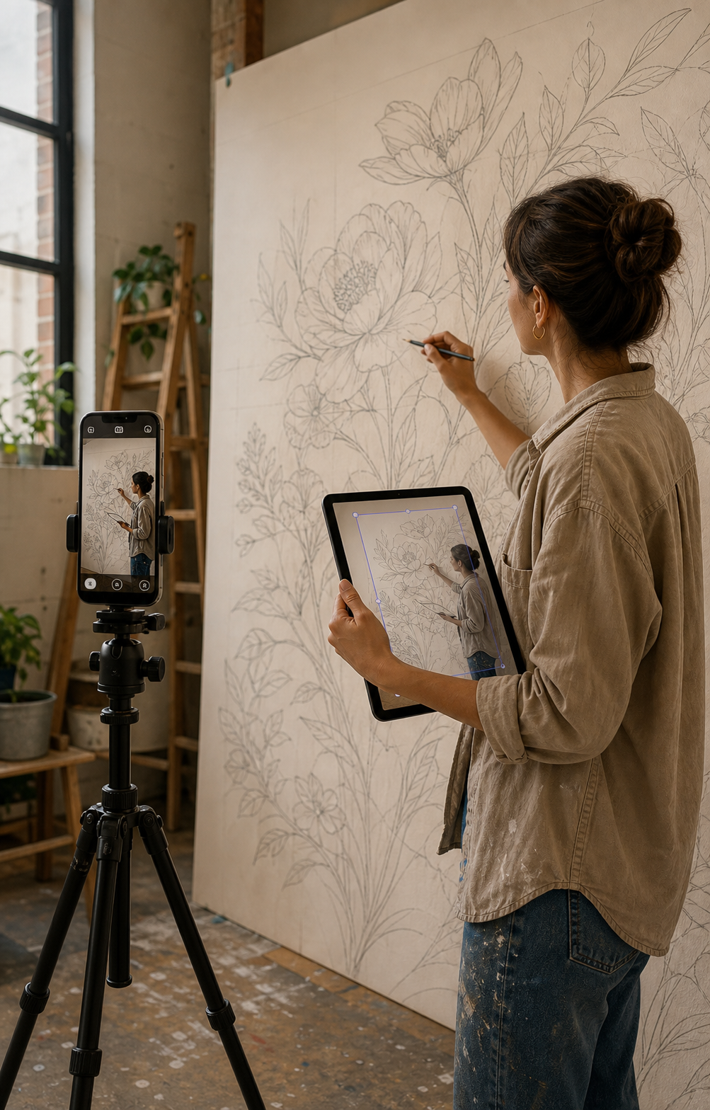 An artist transferring a floral drawing onto a large wall.