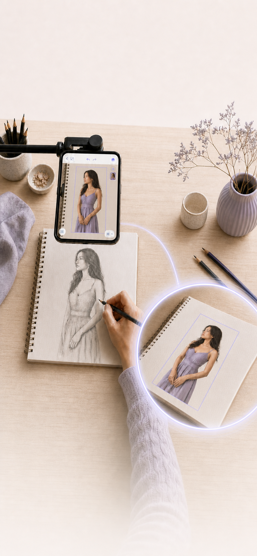 An artist tracing a portrait from an iPhone onto paper.